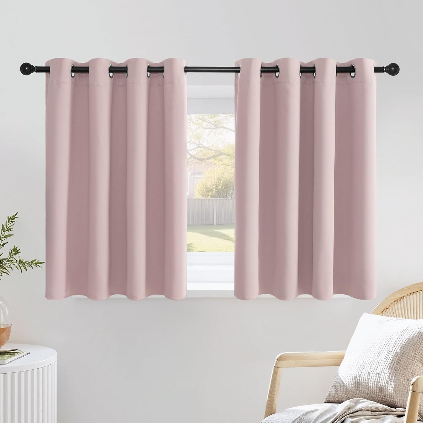 NICETOWN Blush Pink Short Curtains for Girls Room, Grommet Kitchen Window Curtains Thermal Short Drapes Room Darkening for Cafe, 2 Panels, W52 x L36