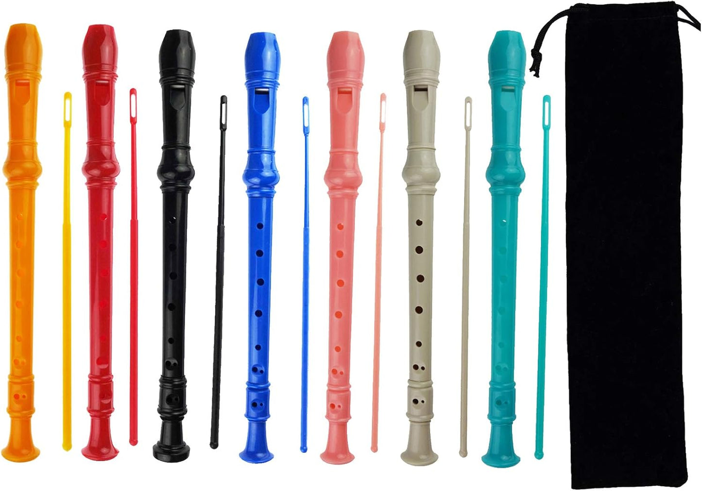 7 Pack German Style 8 Hole-3 Piece Descant Soprano Recorders with Cleaning Rod, Black Storage Bag, ABS Material (7 Colors)