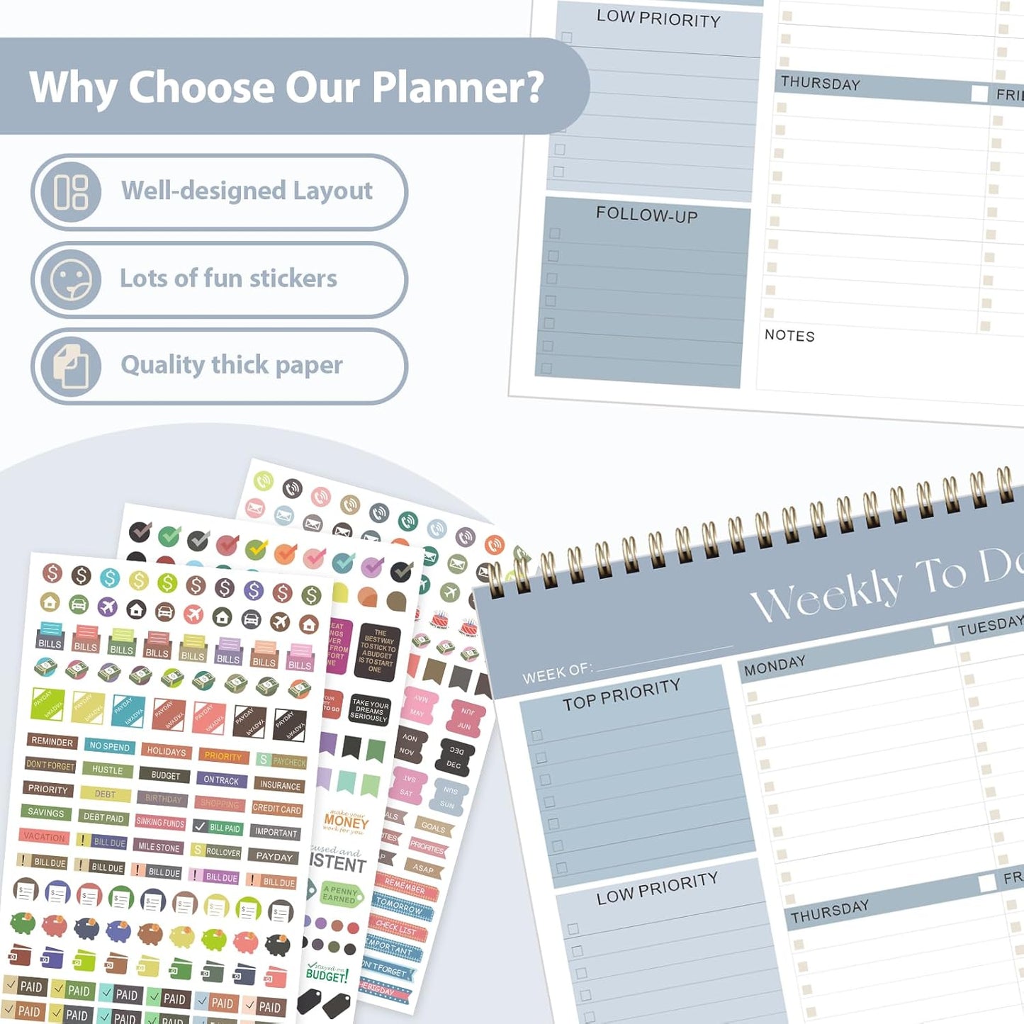 Weekly To Do List Notepad, Undated Planner with 52 Sheets (8.5''x11''), Desk Weekly Planner for Women & Man, Home School & Work (B-Blue)