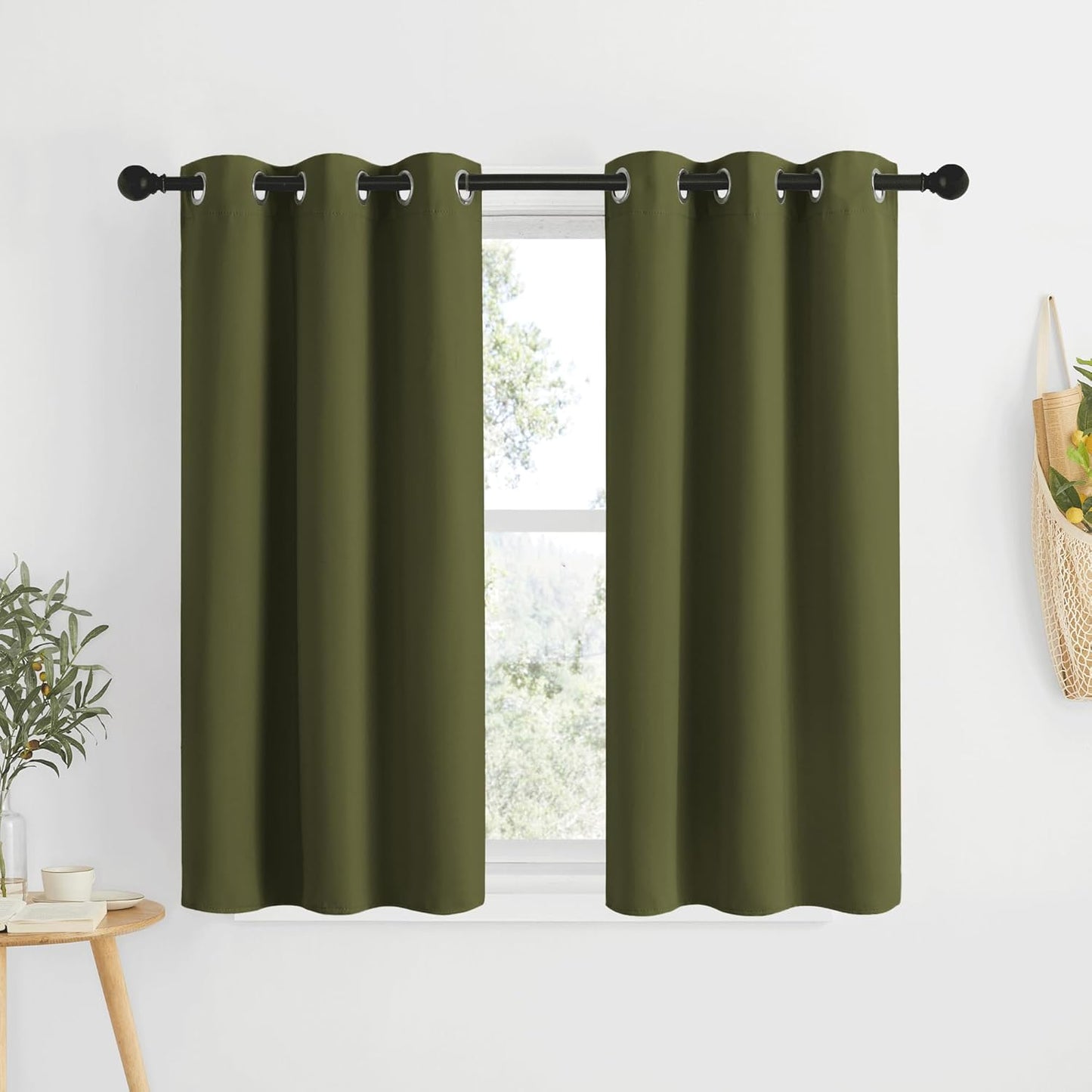 NICETOWN Short Blackout Curtains for Kitchen Window - Grommet Room Darkening Voice Reducing Solid Thermal Curtains & Drapes for Small Windows, Olive, W34 x L50, 2 Panels
