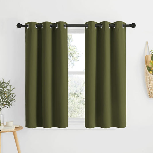NICETOWN Short Blackout Curtains for Kitchen Window - Grommet Room Darkening Voice Reducing Solid Thermal Curtains & Drapes for Small Windows, Olive, W34 x L50, 2 Panels