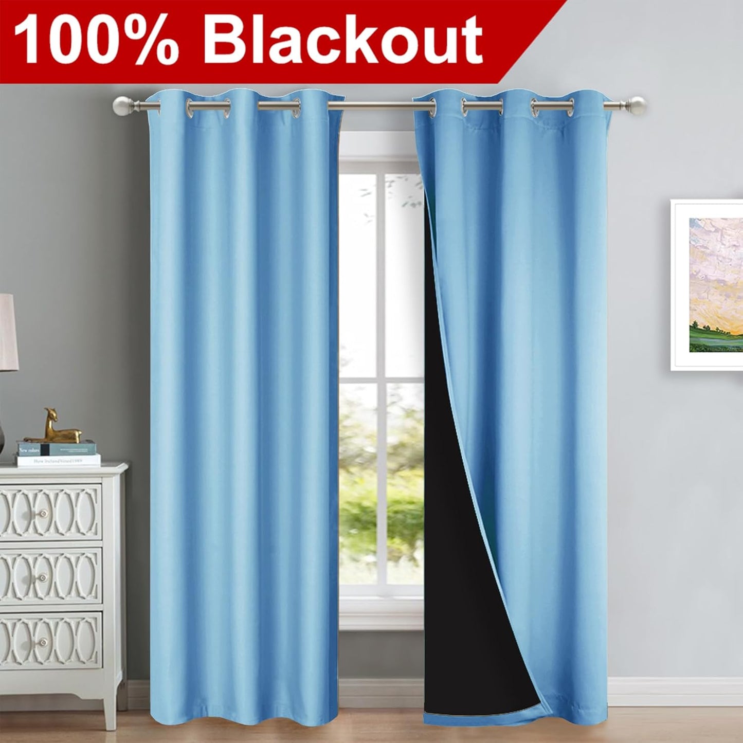 NICETOWN Full Shade Curtain Panels, Blue, 37" Wide x 84" Long, Pair of Thermal Insulated & Energy Efficiency Blackout Curtains for Living Room Windows, Lined Silky Performance Window Dressing