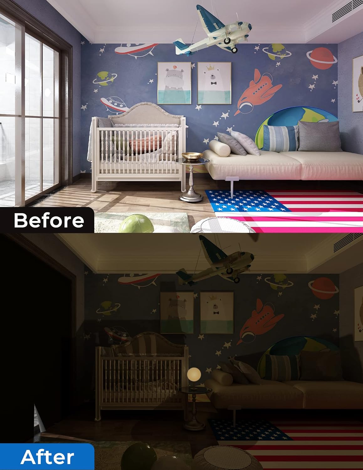 Sumobaby Blackout Curtains for Bedroom 79"x70"Portable Black Out Window Cover with Heat-Resistant Hook&Loop Tape,100% Blackout Shades No Drill Blinds for Windows DIY Cut Fit for Nursery,TV Room(Black)