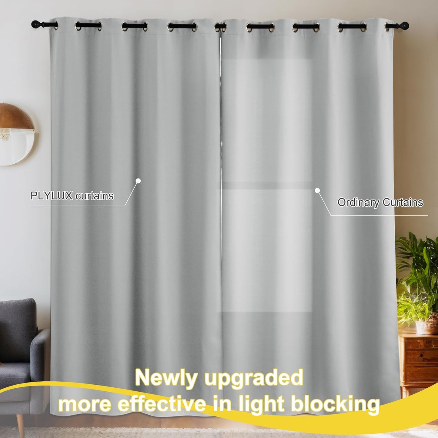 NICETOWN Blackout Curtains for Kitchen, Thermal Insulated Short Curtains for Living Room Window Blinds, Grommet Room Darkening Smart Plylux Curtians for Bedroom, 52 x 63 inch, 1 Pair, Silver Grey