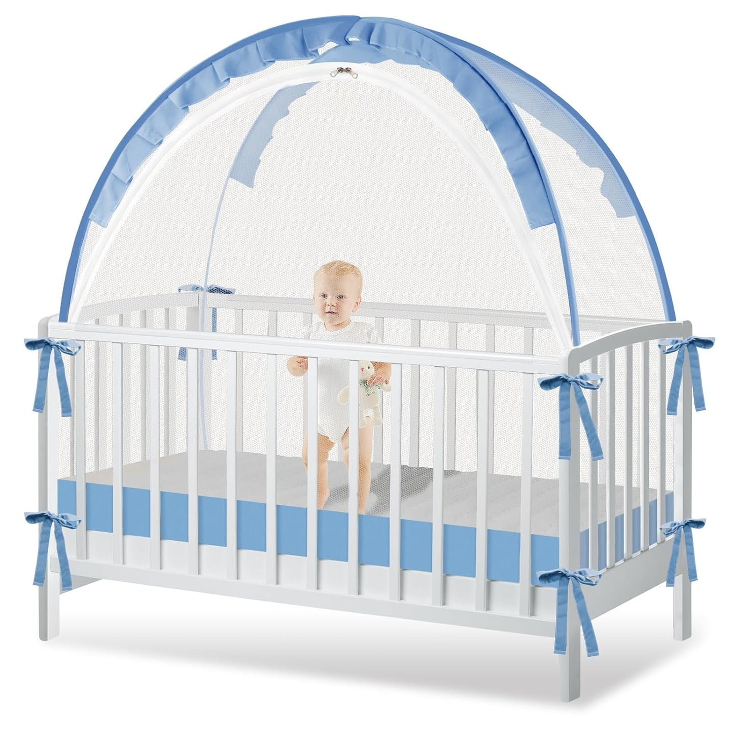 Crib Tent to Keep Baby from Climbing Out - Crib Net to Keep Baby in - Pop Up Breathable Cribs Cover - Canopy with Upgrade Strong Mesh and Durable Zipper (Blue, Lager)