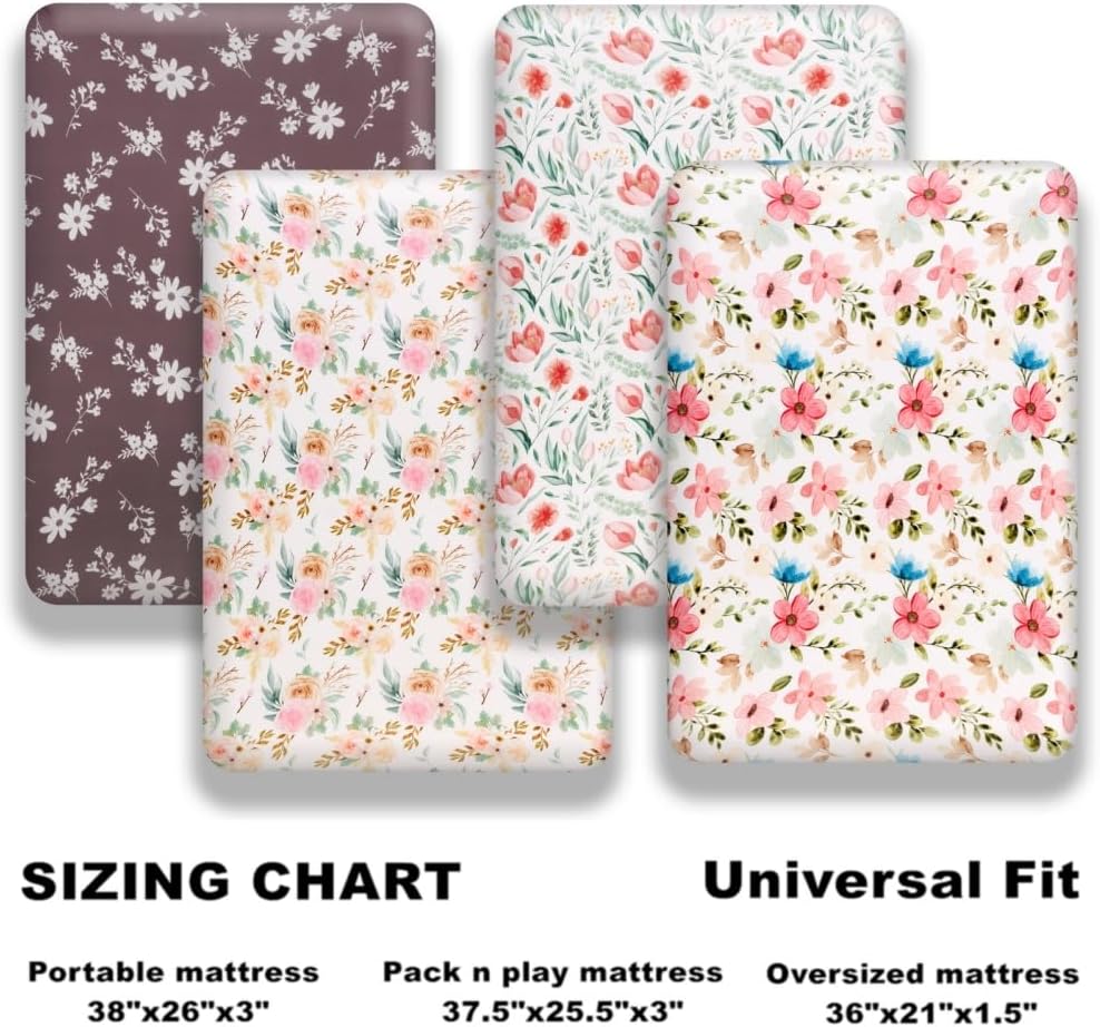 4 Pack Baby Girl Pack N Play Mini Crib Sheets Set Soft Fitted Floral Theme Baby Girl Mattress Covers Breathable Toddler Bed Sheets for Infant or Newborn(Flower, Pack N Play Mini Crib Sheets)