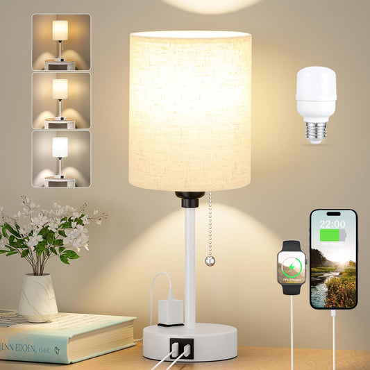 Small Bedside Lamp for Bedroom Nightstand - 2700K 3500K 5000K Bedside Lamps with USB C and A Ports, Pull Chain Table Lamps with AC Outlet, Nightstand Lamps with White Metal Base for Kids Reading
