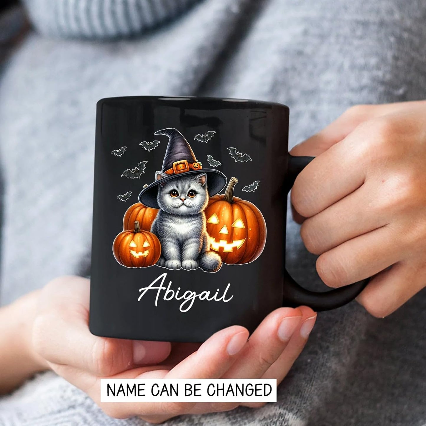 Personalized Name British Shorthair Coffee Mug Gift for Cat Lover, British Shorthair Wearing Witch Hat Black Cup, Custom Cat Pumpkins Halloween Ceramic Cup 11oz 15oz, Pet Owner Halloween Mug