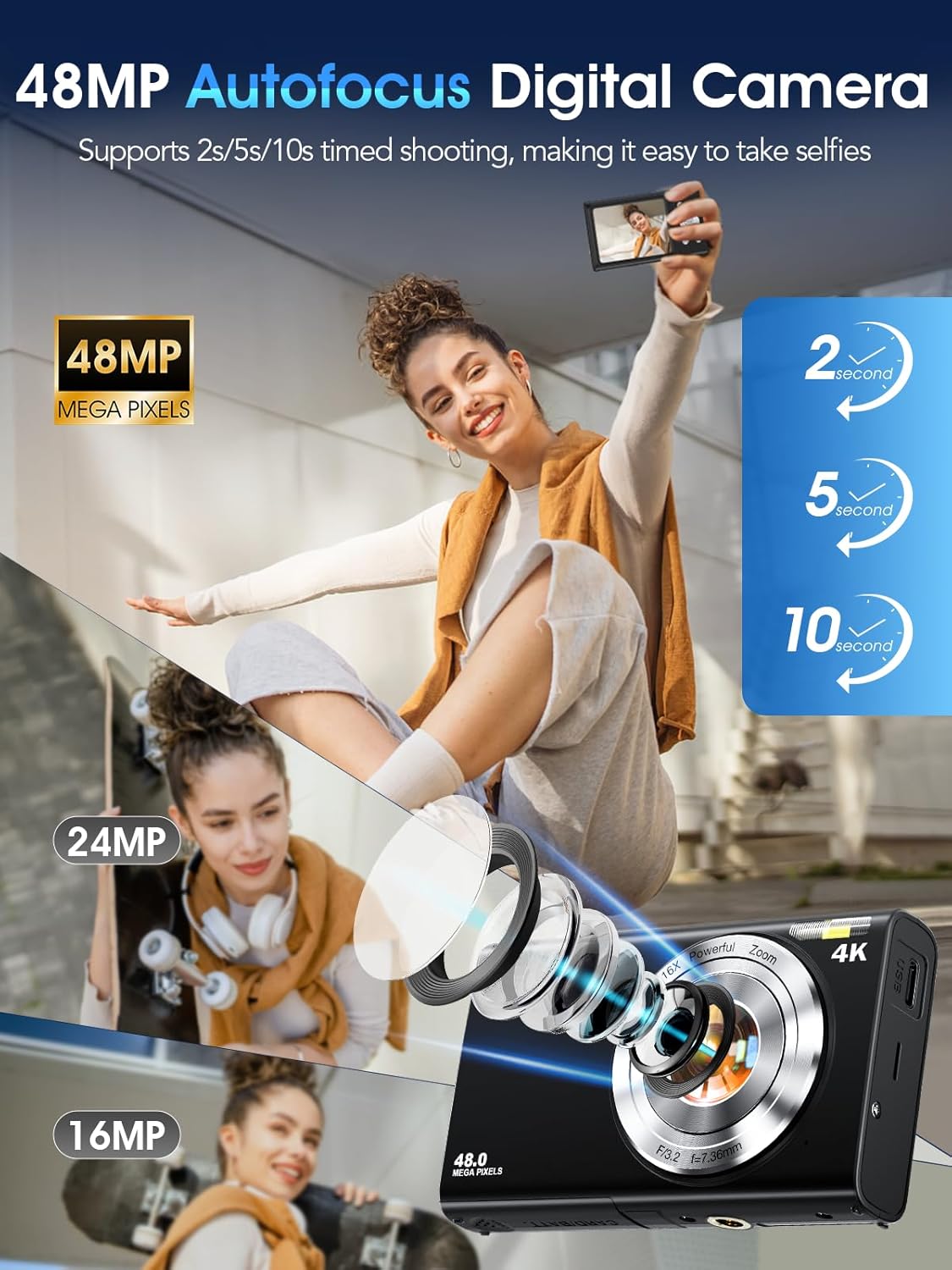 Digital Camera,Autofocus 4K Vlogging Camera for Photography with 32GB Card,48MP Portable Compact Point and Shoot Digital Camera for Teens Adult Beginner with 16X Zoom,Anti-Shake,2 Batteries(Black)