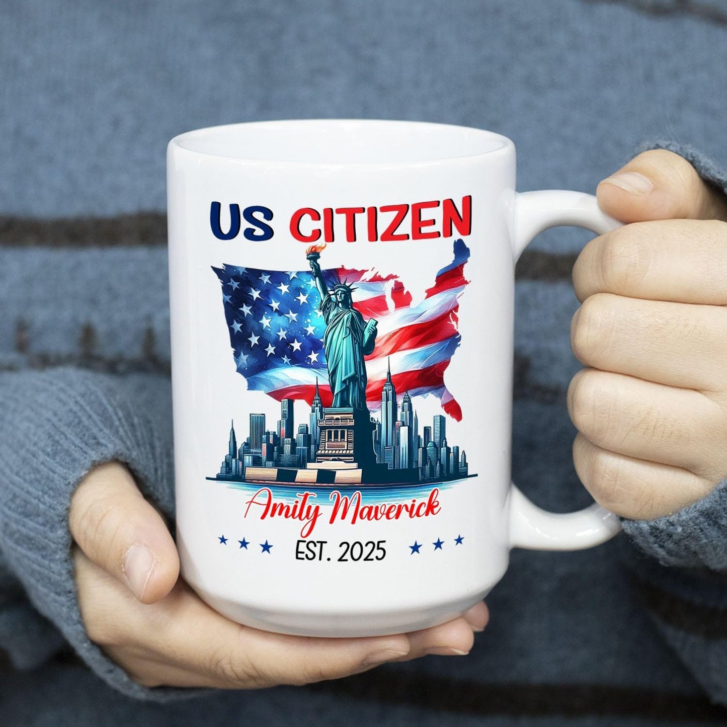 Customized Year & Name American Flag White Mug Gift For Dad Mom Friend Bestie, Unique New US Citizen Ceramic Coffee Cup 11 15Oz, Personalized US Citizenship Travel Coffee Mug, American Citizen Teacup