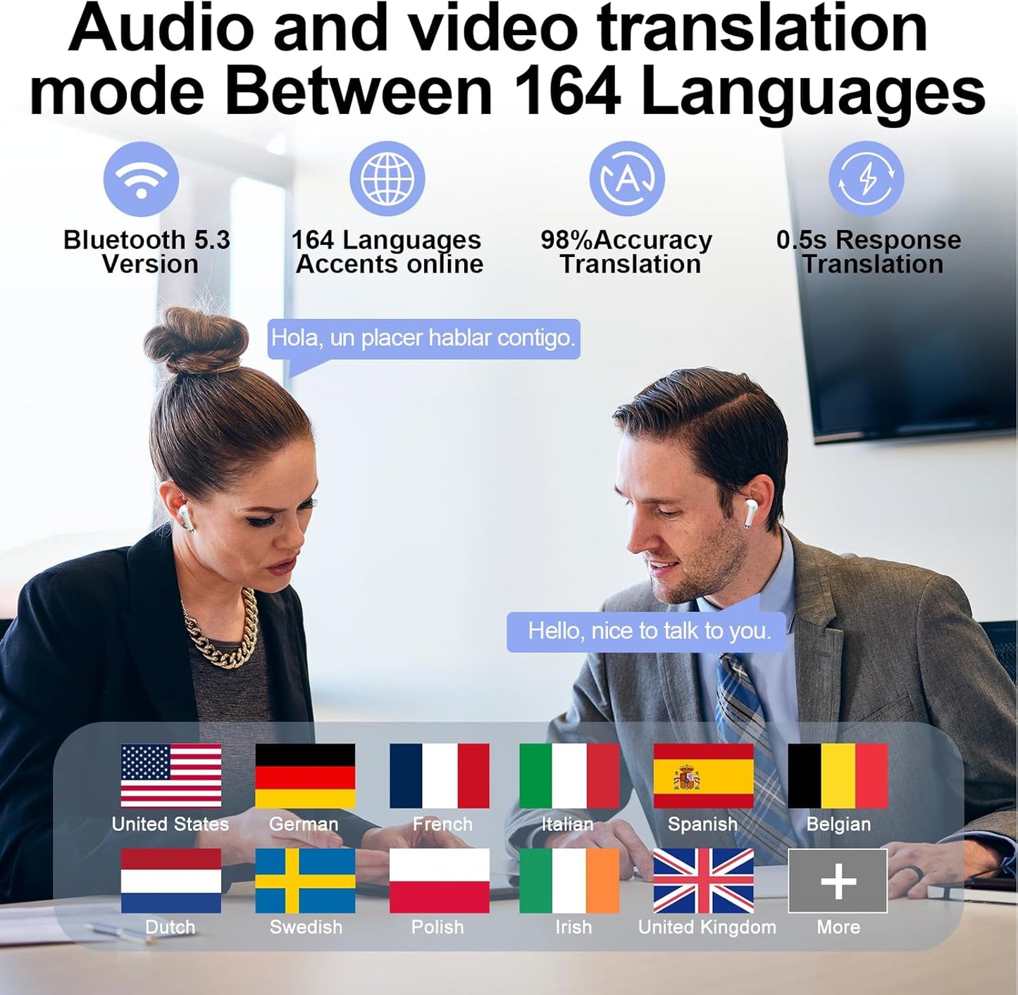 AI Translation Earbuds Real Time with Audio and Video Calls, 3-in-1 Language Translator Earbuds Support 164 Languages and 7 Translation Modes, 32H Buletooth 5.3 Headphones with Mic, White