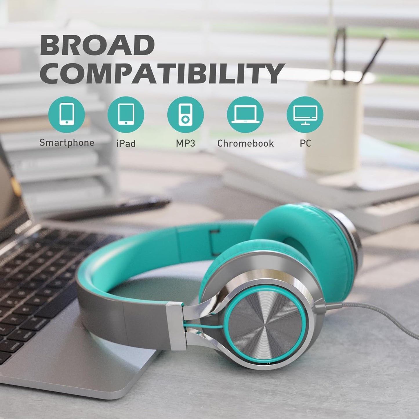 AILIHEN C8 Wired Headphones with Microphone and Volume Control Folding Lightweight Corded Headset for Cellphones Tablets Chromebook Phones Smartphones Laptop Computer PC Mp3/4 (Grey/Mint)