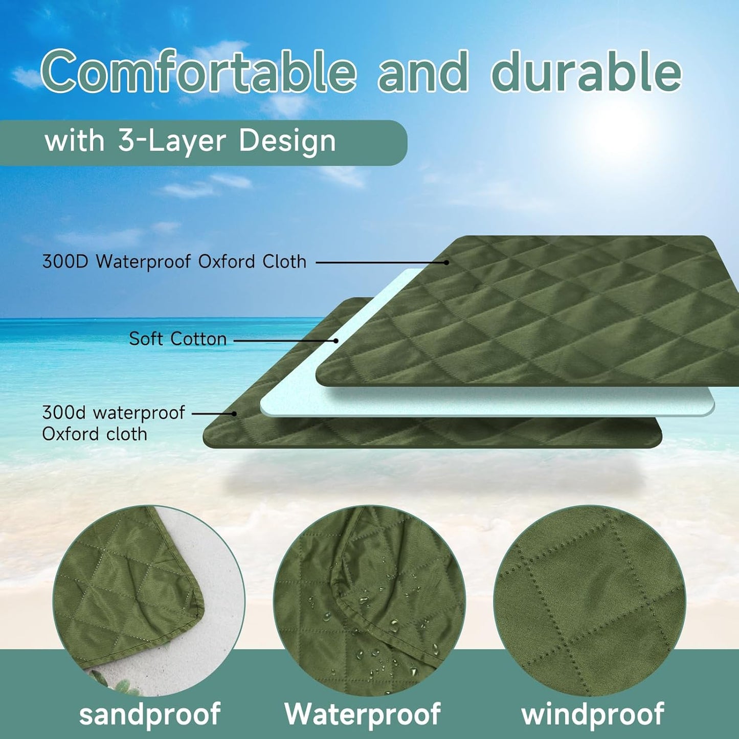 Solaris Waterproof Picnic Blanket, Lightweight 50” x 60” Foldable Sandproof Beach Blanket with Large Pocket, Portable Outdoor Camping Blanket Great Couples Gift Ideas, Green Camo