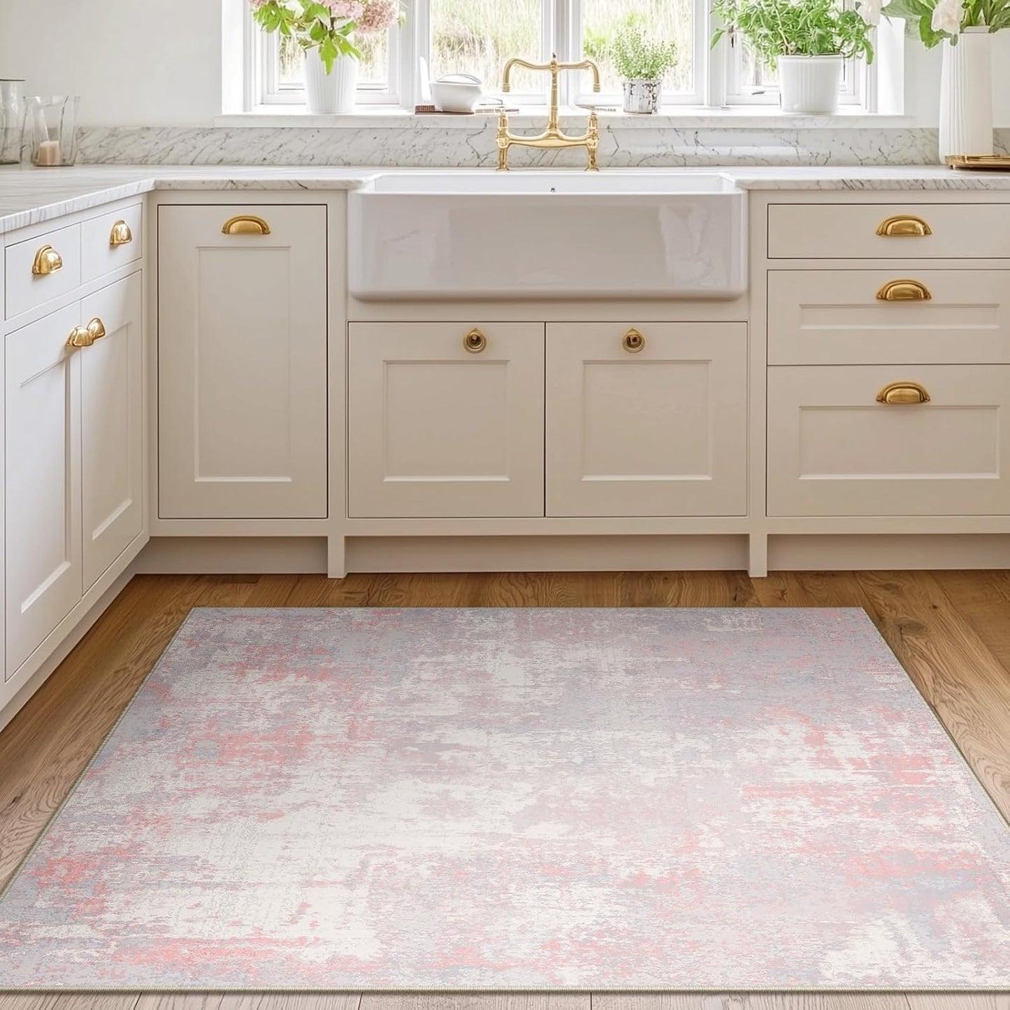 Washable Area Rugs 3'x5' Non-Slip Modern Abstract Soft for Living Room Entryway Bedroom Nursery, Print Pattern, Grey Pink