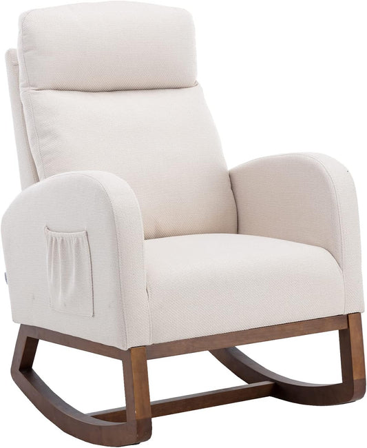 Dolonm Nursery Rocking Chair for Living Room, Upholstered Mid-Century Modern Nursery Rocking Armchair Tall Back Accent Glider Rocker, Beige