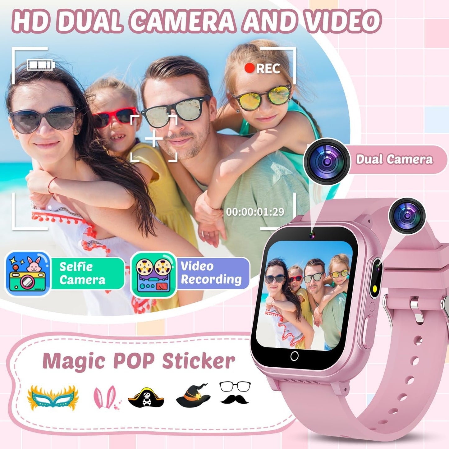 Waterproof Smart Watch for Kids Gift for Girls Age 5-12 with 32 Games, Dual Camera, Habit Tracking, Music Player, Video, Alarm Clock, HD Touchscreen Kids Smart Watch Birthday Toys for 3-12 Year Old