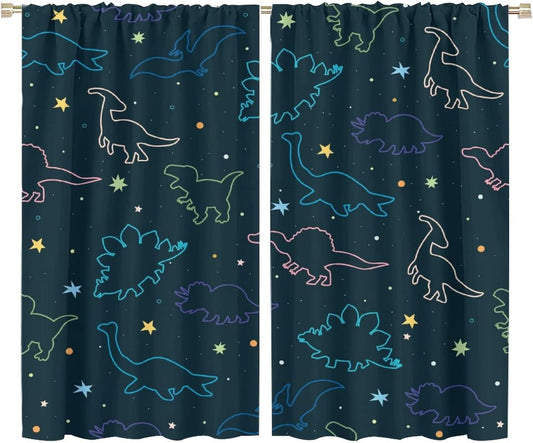 Cartoon Colorful Dinosaur Curtains for Kids Boys Girls Home Decor, Astronaut Funny Outer Space Star Blackout Rod Pocket Window Drapes for Bedroom Living Room W36xL63in 2 Panels