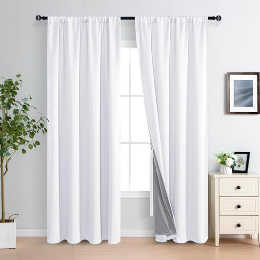 XWZO 100% Blackout Curtains 2 Panels with Tiebacks- Heat and Full Light Blocking Window Treatment with Black Liner for Bedroom/Nursery, Rod Pocket，White, W52 x L84 Inches Long, Set of 2