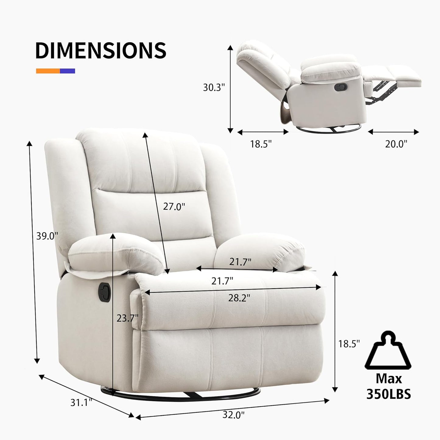 Swivel Rocking Recliner Chair for Adults, Overstuffed Manual Glider Rocker Recliner Chairs, Upholstered Reclining Single Sofa for Living Room Nursery (Beige)
