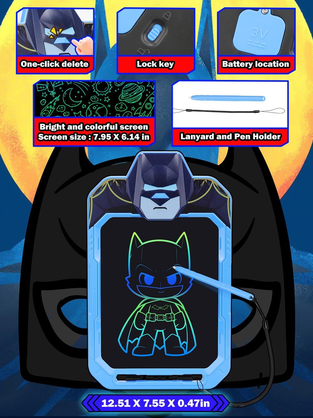 LCD Writing Tablet for Kids 10 Inch Bat Hero for Toddler 2 3 4 5 6 - Paint, Doodle Board, Drawing Pad - Travel Toys, Road Trip Car Activities, Birthday Christmas Gift Boys & Man