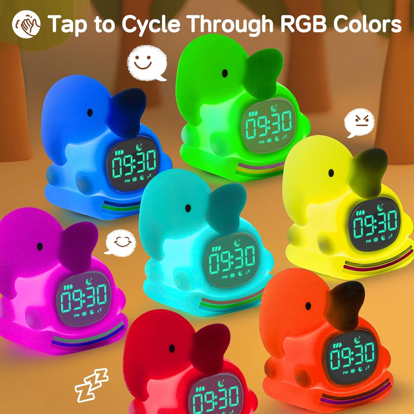 Alarm Clock for Kids with Night Light, Sleep Training Clock Time to Wake Clock, Rechargeable Silicone Light for Bedroom, Perfect Sleep Companion for Boys Girls, Green Elephant