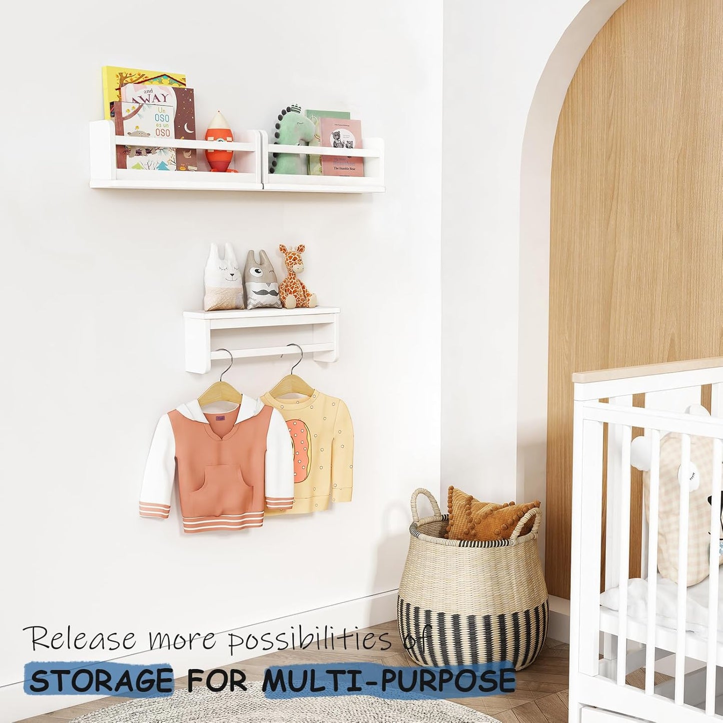 Upgraded White Nursery Book Shelves for Wall, Floating Kids Bookshelf Wall Mounted, Wood Baby Girls Boys Toddler Children Hanging Bookshelves for Kids Room Bedroom Playroom- Set of 3