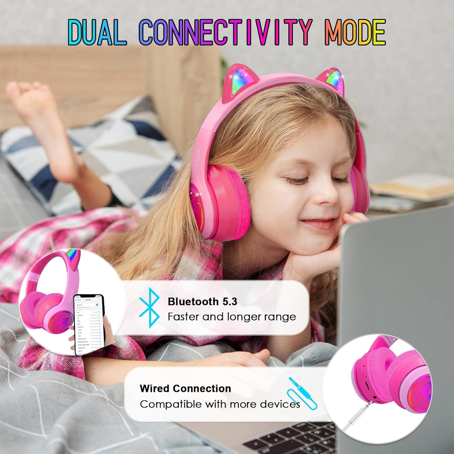 IFECCO Kids Bluetooth Headphones with Microphone,Cute Light Up Cat Ear Children Girls Wireless Headphones Volume-limiting for School Travel Gifts