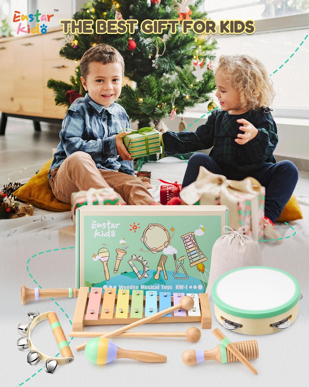Montessori Musical Instruments for Toddlers, Wooden Musical Toys for Kids 3+, Eastar Kido Percussion Instruments Set for Boys Girls, Preschool Educational Toys with Storage Bag Christmas Birthday KW-1