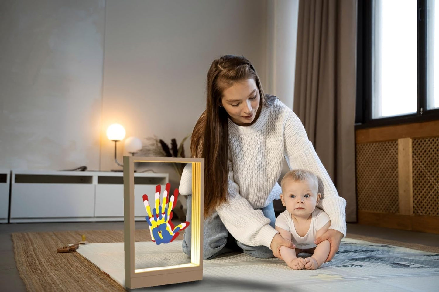 CHERRY CHEERS Family Handprint Kit with Light, Handprint Keepsake Frame, Wooden Led Light, Easy Install, No Need Screw etc, Non-Toxic Paints (White)