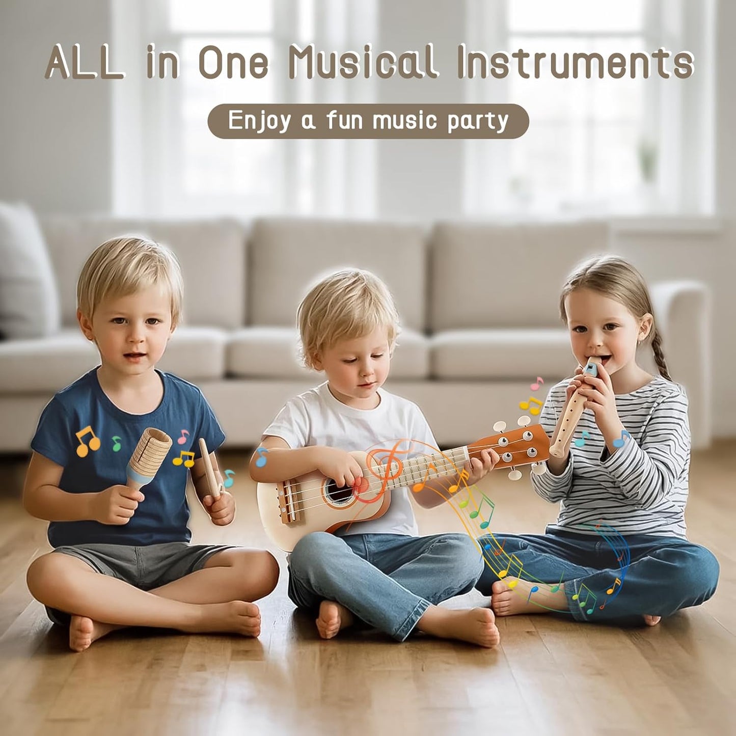 Kids Guitar Set - 7 in 1 Musical Instruments for Toddlers 2-4, Wooden Musical Toys for 2 3 4 Year Old Boy & Girls Birthday Gifts, Band Sets with Ukulele/Flute/Tambourine/Maracas Toys for Kids 3-5