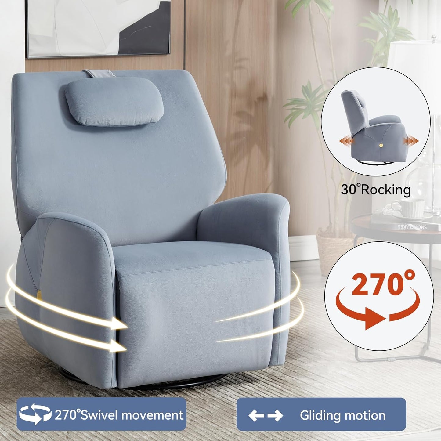 Glider Rocking Chair Nursery, Swivel Rocker, Power Recliner Chair, Nursery Glider Recliner with Adjustable Headrest, USB Ports, Living Room Chairs, Fabric (Fabric Blue, Adjustable Headrest)