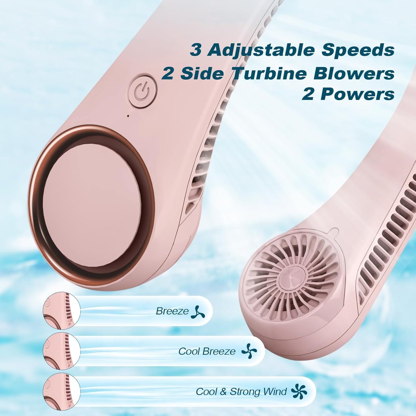 CIVPOWER Neck Fan: Portable Personal Neck Cooling Rechargeable Bladeless Fan - Hands Free 3 Speed 4000 mAh Battery USB Operated Wearable Headphone Design - for Men Women Outdoor Indoor (Pink)