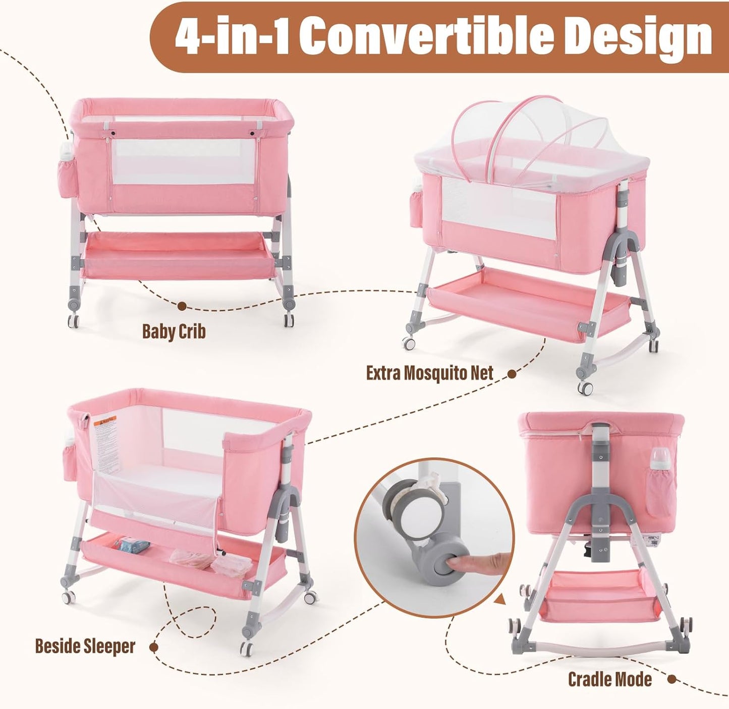 Jaoul 4 in 1 Baby Bassinet Bedside Sleeper Baby Crib, Adjustable Cosleeper for Baby, Easy Folding Portable Baby Bed Rocking Bassinets with Comfy Mattress Mosquito Net Storage for Infant Newborn Pink