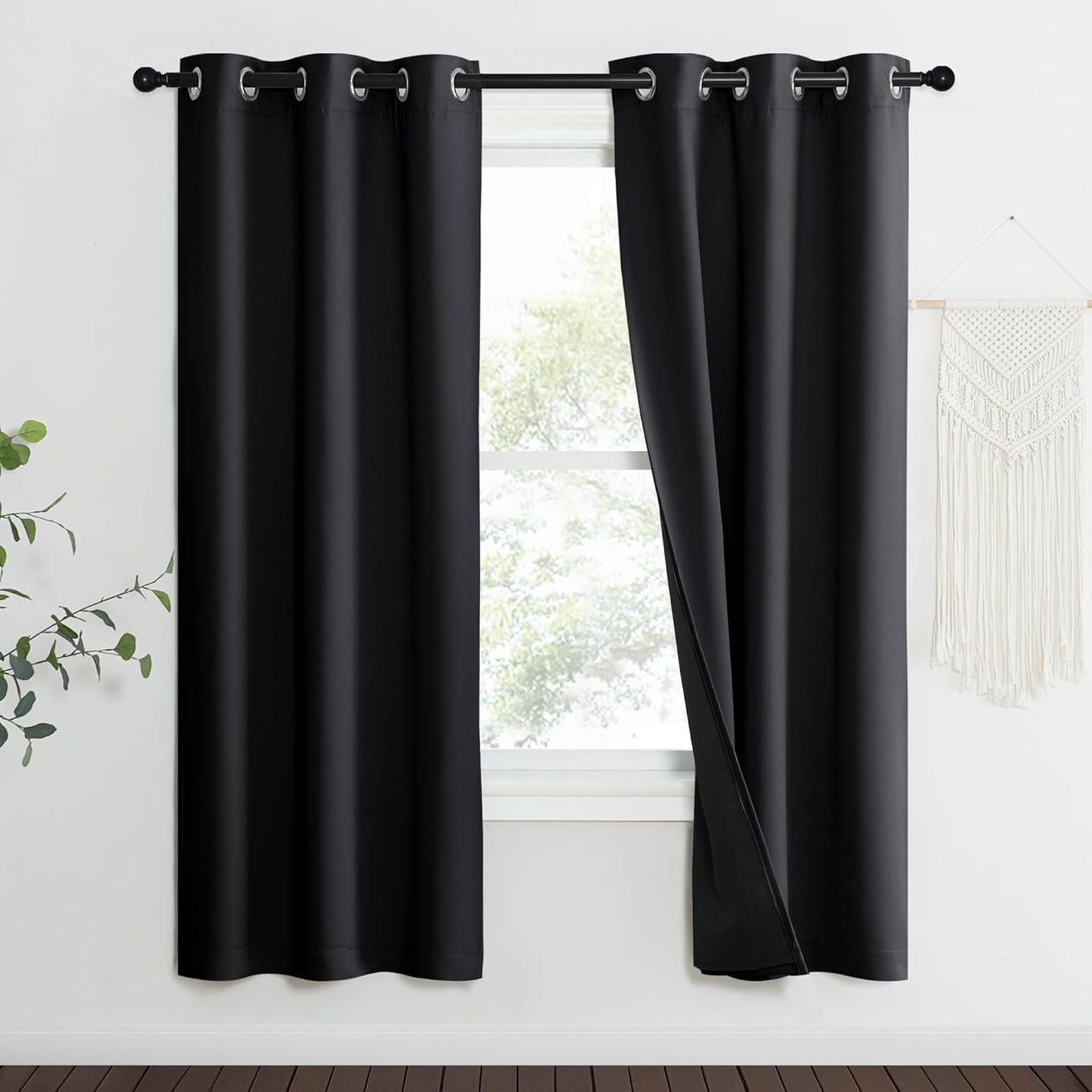 NICETOWN High-End Thermal Kitchen Curtains, Black, 37" Wide Per Panel, Set of 2 Panels, Full Blackout Curtains 70 Inches Long for Dining Room, Soundproof Window Treatment Drapes for Hall Room