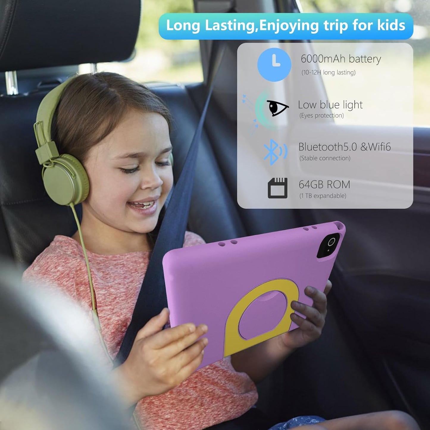 Tablet for Kids 10.1 inch Android 14, 8GB+64GB(TF 1TB) 6000mAh Kids Tablet WiFi6 Parental Control,Face Unlock, 1280 * 800 HD Screen (Purple)