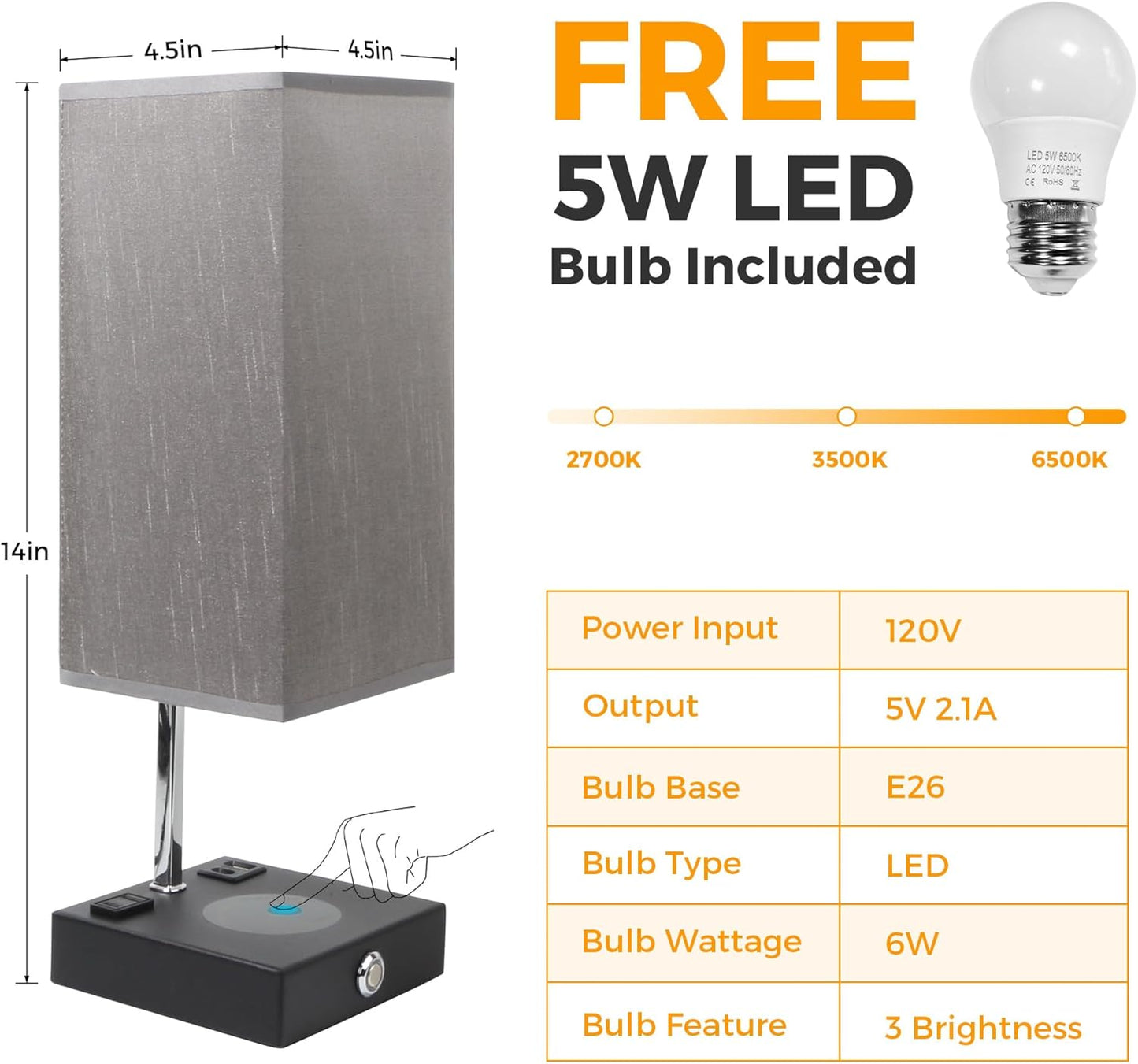 Wireless Charging Touch Control Table Lamp, Bedside Nightstand Lamp with USB Charging Port & AC Outlet, 3 Brightness Levels Adjustable, Suitable for Bedroom, Living Room, Office, LED Bulb Included