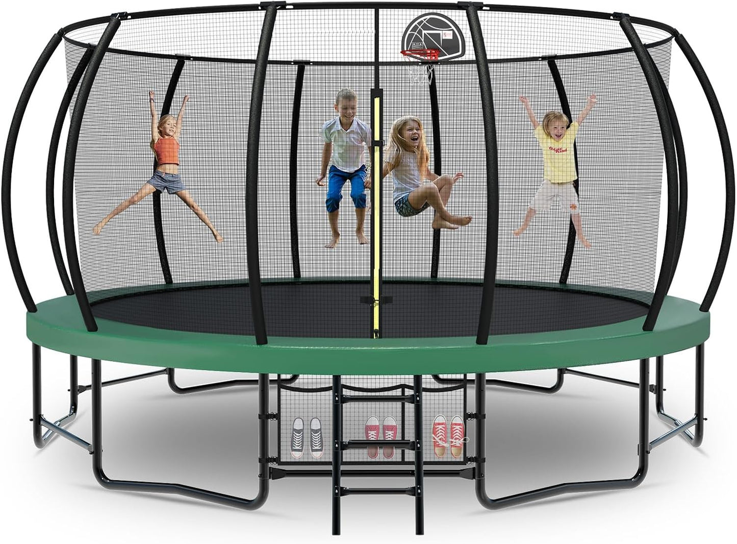 Tatub Large Trampolines Outdoor 10 12 14 15 16FT for Kids and Adults,Outdoor Recreational Pumpkin Trampolines with Curved Poles and Safety Enclosure Net, Basketball Hoop, Ladder