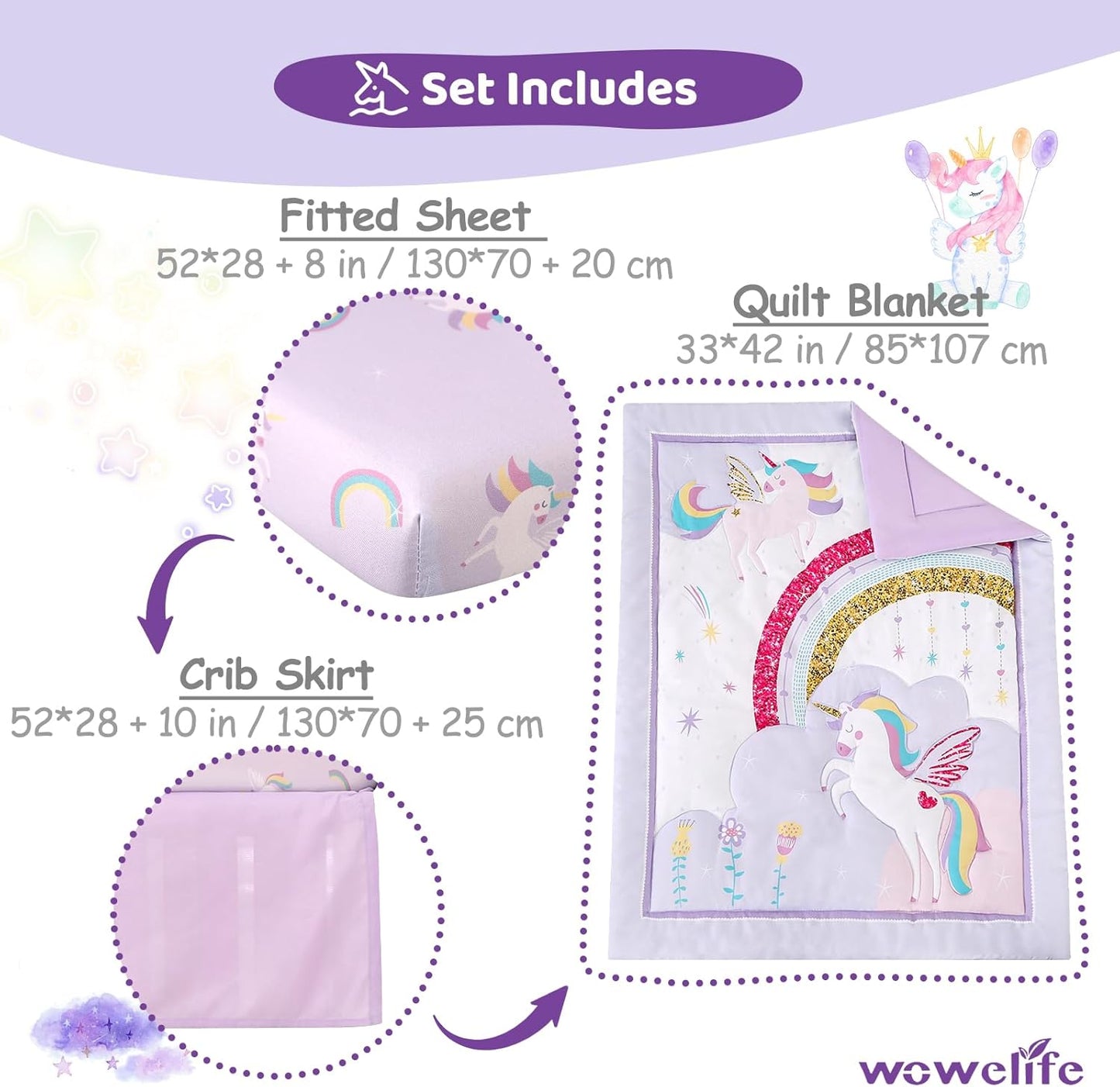Wowelife Unicorn Crib Bedding Set 3 Pieces Baby Girl Crib Bed Set Crib Comforter Set for Girls Nursery Bedding Set Purple Include Baby Comforter, Skirt and Sheet, Purple