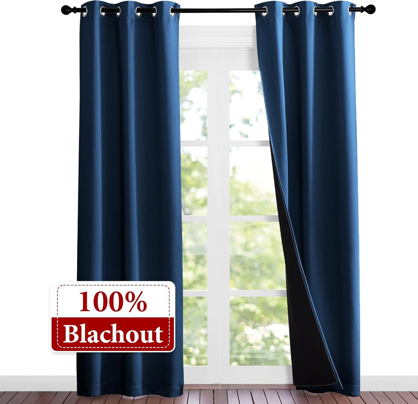 NICETOWN 100% Blackout Short Curtains with Black Liners, Solid Thermal Insulated Full Blackout 2-Layer Lined Energy Efficiency Window Drapes for Bedroom (2 Panels, 37" W by 84" L, Moroccan Blue)