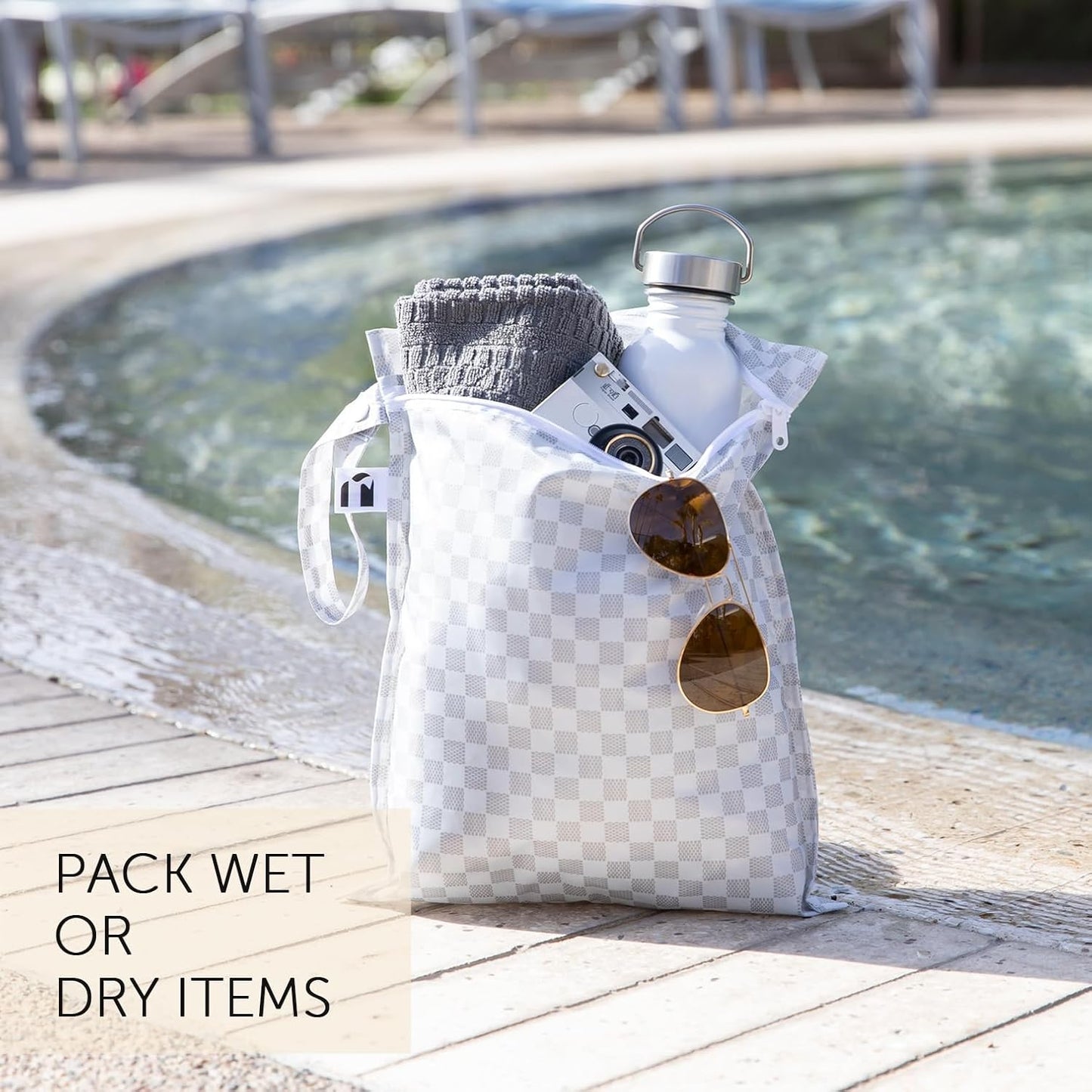 Bumkins Roamio - Waterproof Wet Bag - For Baby, Travel, Swim Suit, Cloth Diapers, Pump Parts, Pool, Gym, Toiletry, Strap to Stroller - Reusable & Easy to Clean - 2pk - Black Check & Off White