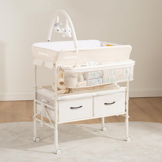 Baby Changing Table with Wheels, Maydolly Portable Foldable Changing Table, Waterproof Diaper Changing Station, Adjustable Height Changing Station, Mobile Nursery for Newborn and Infant (Beige)