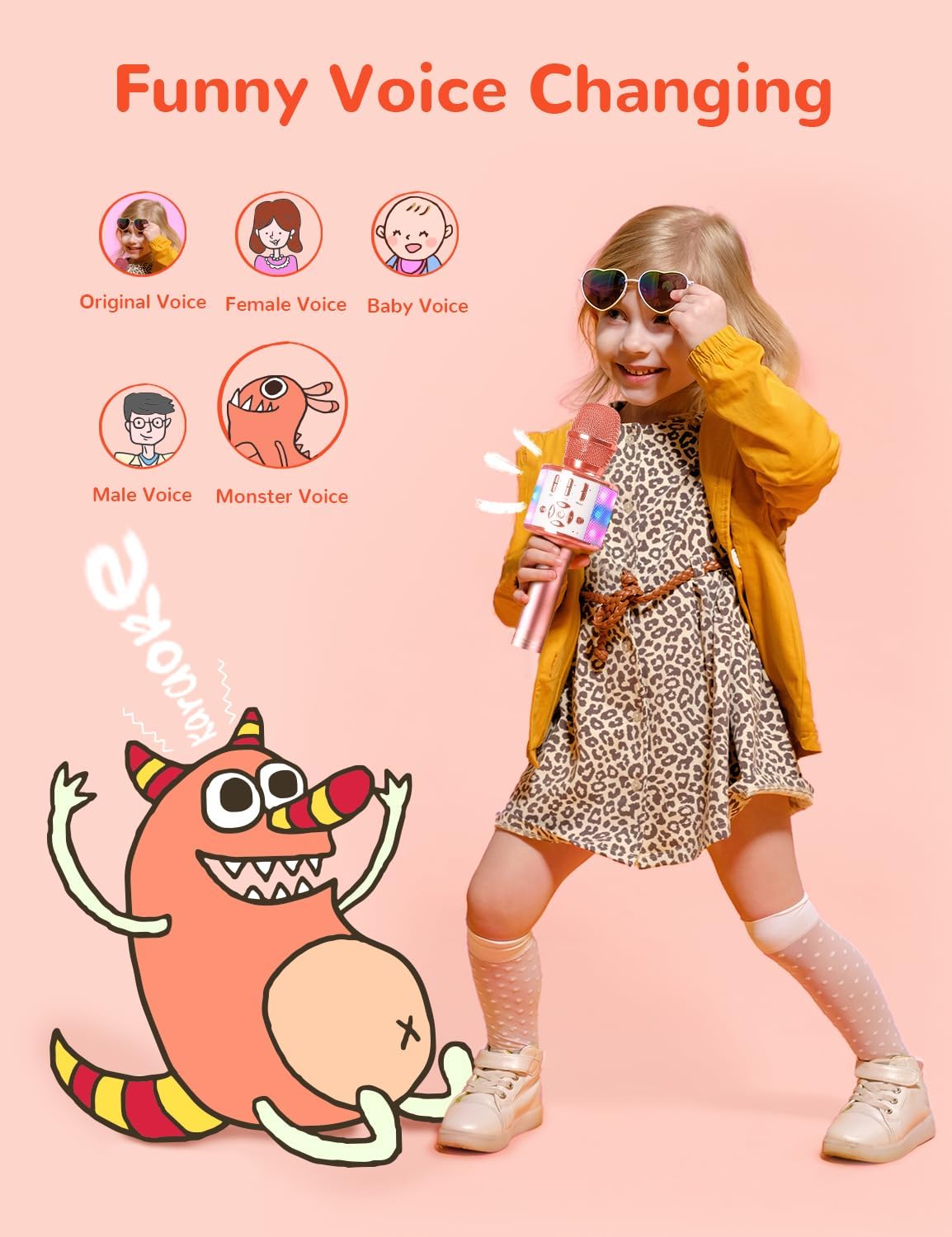 Amazmic Karaoke Microphone for Adults, Wireless Bluetooth Microphone for Singing Portable Karaoke Machine Handheld with LED Lights, Gift for Kids Adults Birthday Party, Home KTV(Rose Gold)