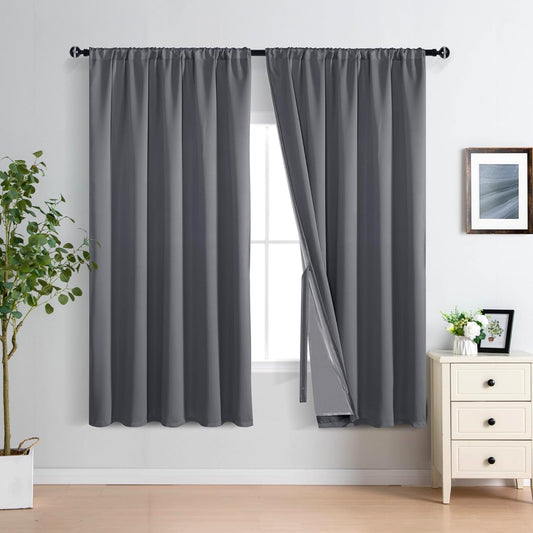 XWZO Full Blackout Curtains 63 Inches Long with Tiebacks- Rod Pocket Full Light Blocking & Energy Efficiency Extra Wide Window Draperies with Black Liner for Bedroom, Dark Grey, W70 x L63, Set of 2