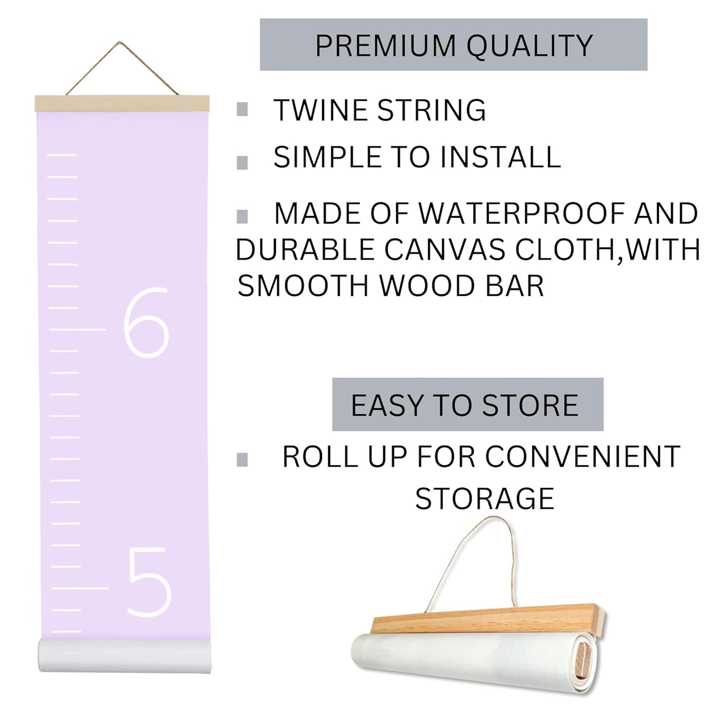 Morxy Canvas Growth Chart for Kids - Unisex Kids Room Wall Decor - Measuring Height Chart- Wall Tape with Height Chart for Kids (Canvas, Plain Purple)
