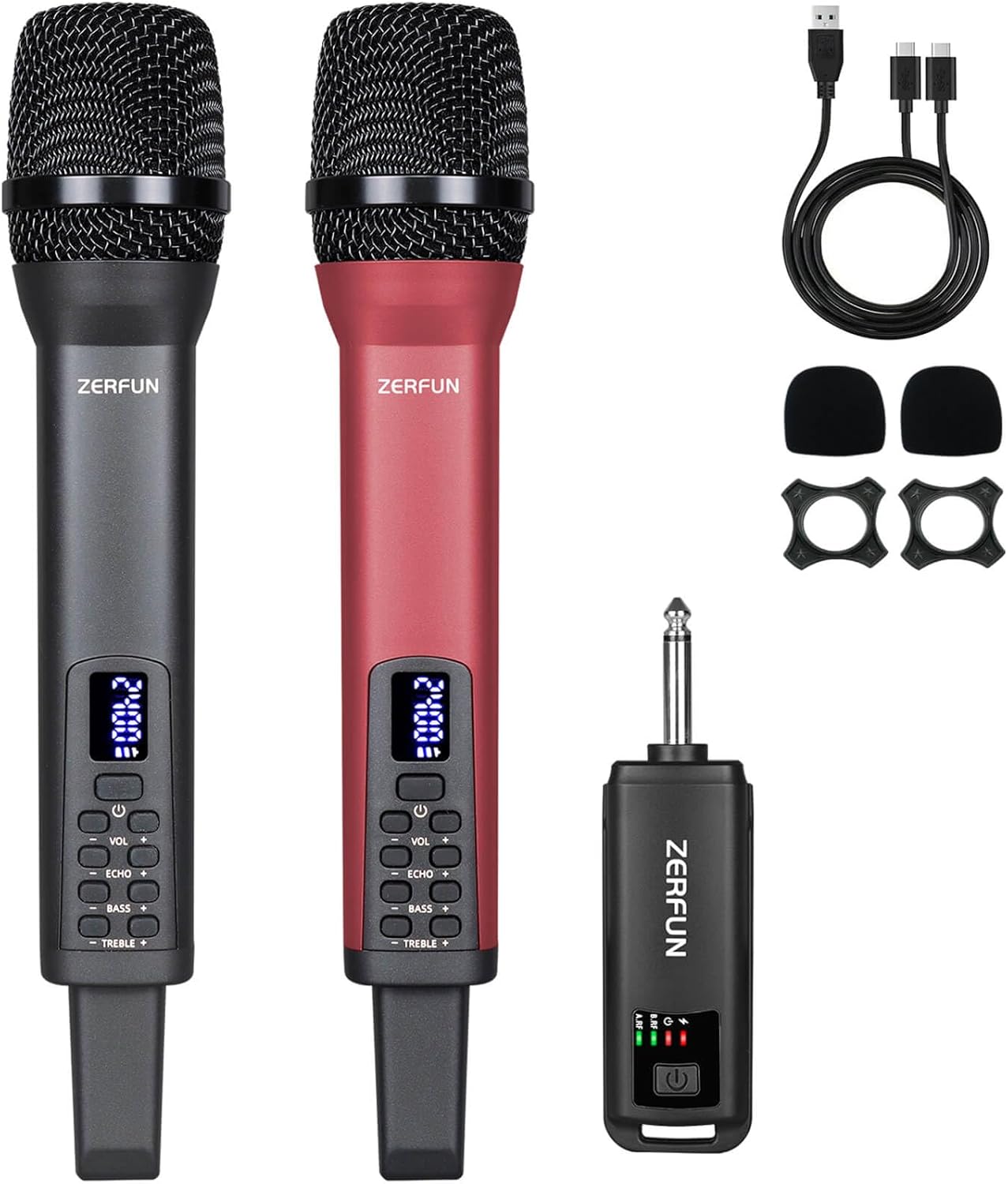 Rechargeable Wireless Microphones Dual, Pro Handheld Cordless Mics System Dynamic with Echo Treble BASS VOL Control for Karaoke Singing Church Party, 1/4'' Output, D240, Grey&Red