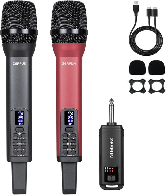 Rechargeable Wireless Microphones Dual, Pro Handheld Cordless Mics System Dynamic with Echo Treble BASS VOL Control for Karaoke Singing Church Party, 1/4'' Output, D240, Grey&Red