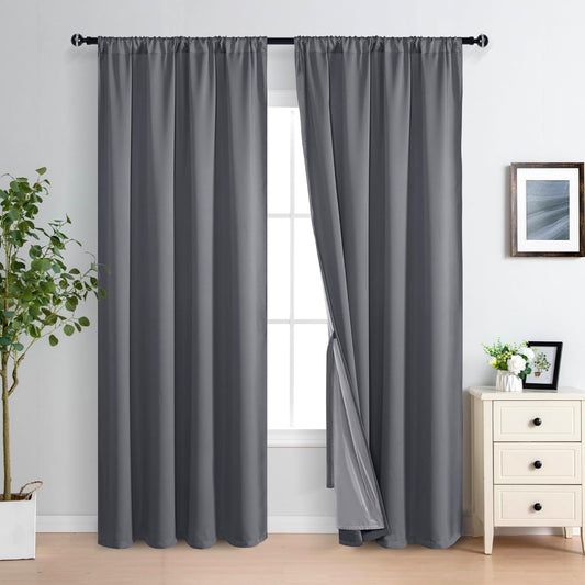 XWZO 100% Blackout Curtain Panels - Rod Pocket Thermal Insulated Black Liner, Noise Reducing and Heat Blocking Drapes for Hall and Studio Windows with Tiebacks, Dark Grey, W60 x L84, Set of 2