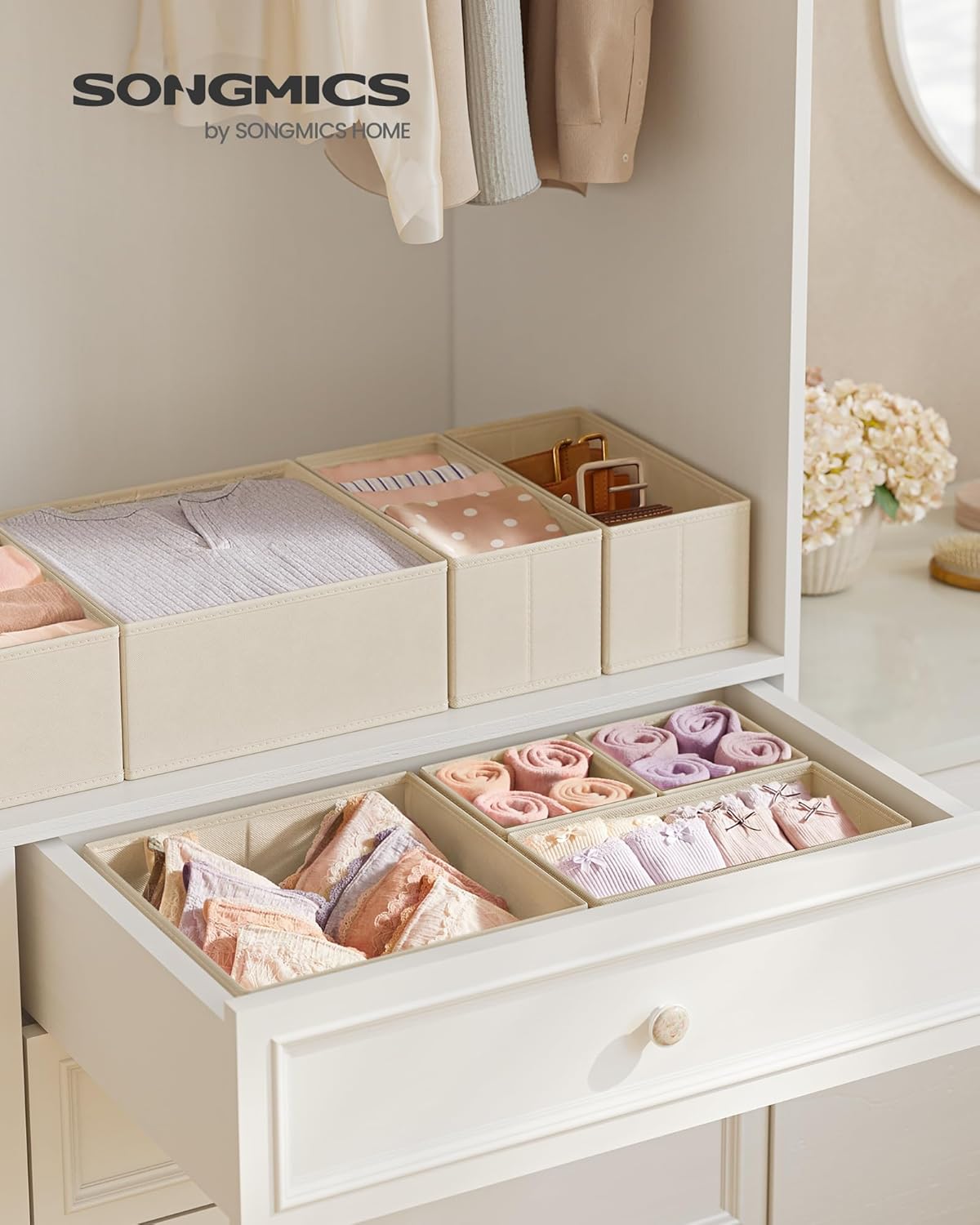 SONGMICS Drawer Organizer, Dresser Drawer Organizers, Set of 6, Foldable Fabric Storage Bins for Socks, Underwear, Bras, Ties, Scarves, Surmmer Sand URDZ006Y01