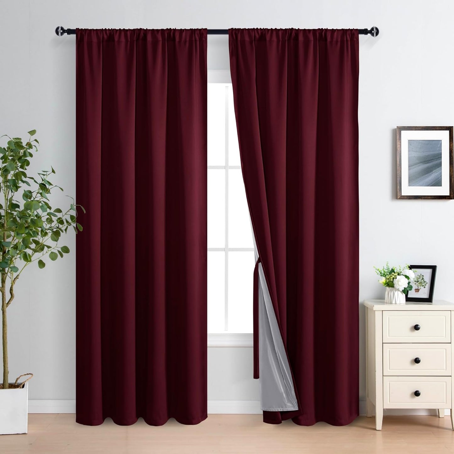 XWZO 100% Blackout Window Curtains - Rod Pocket Thermal Insulated & Completely Room Darkening Black Liner Window Treatment with Tiebacks for Bedroom/Living Room, Burgundy, W60 x L84, Set of 2 Panels