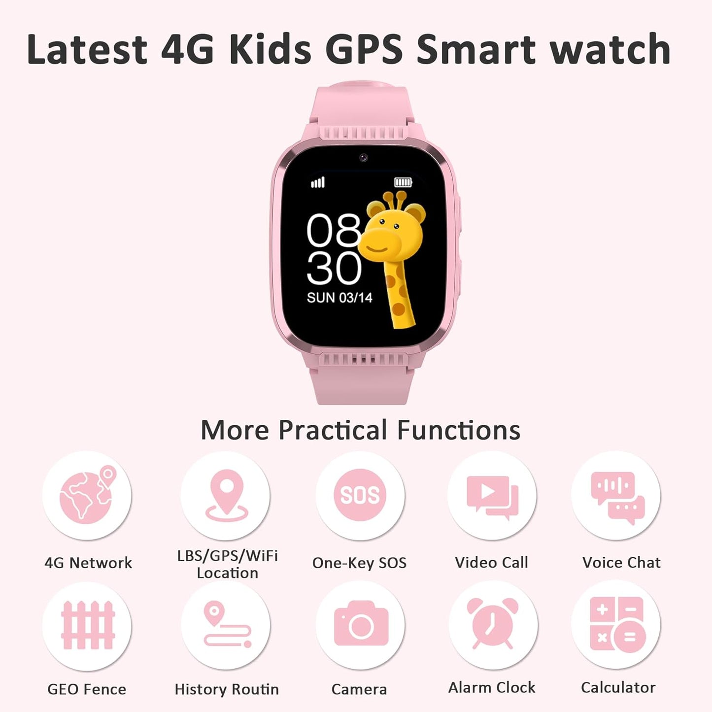 4G Kids Smart Watch with GPS Tracker, Kids Smart Watches Girls with Video Calling & Texting Voice Chat One-Key SOS Call Class Mode Pedometer Camera 12/24Hr GPS Watch for Kid Age 5-12(Pink)